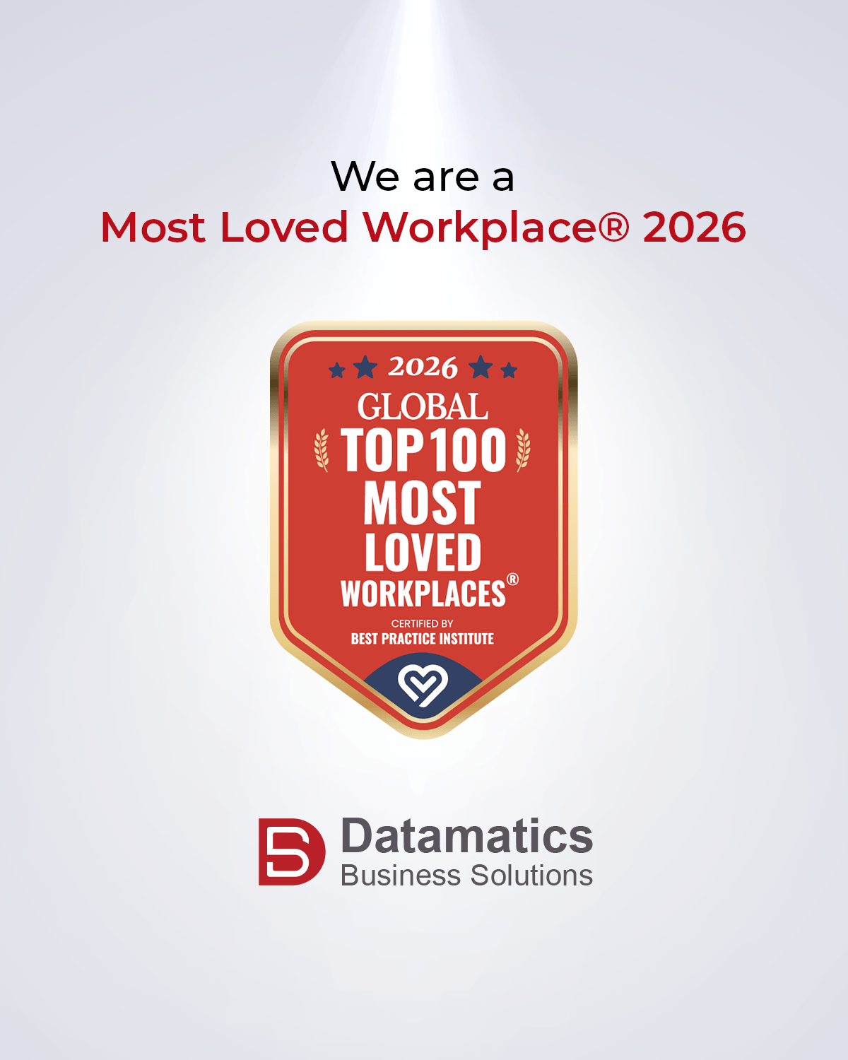 Award graphic stating 'We are a Most Loved Workplace 2026' with a red badge 'Global Top100 Most Loved Workplaces 2026' and Datamatics logo beneath.
