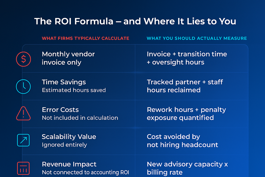 - Datamatics Business Solutions Infographic titled 'The ROI Formula – and Where It Lies to You' showing two columns: what firms calculate vs what you should measure, with icons and rows like monthly vendor invoice only vs invoice + transition time, time savings, error costs, scalability value, revenue impact.