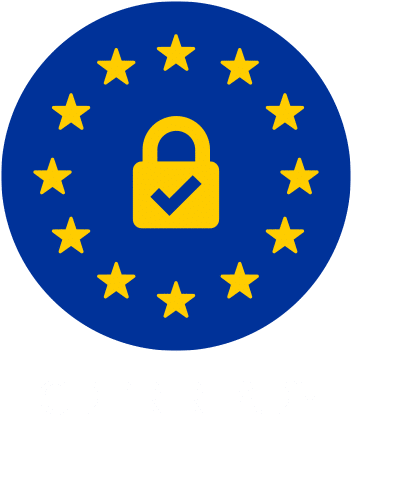 GDPR ready badge: blue circle with yellow EU stars around a yellow lock and checkmark, with 'GDPR READY' text below