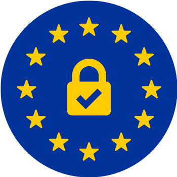 Blue circle with yellow EU stars around the edge and a yellow padlock with a check mark in the center, symbolizing EU security/compliance.