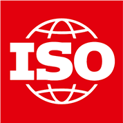 ISO logo in white on a red background featuring a globe motif, representing the International Organization for Standardization.